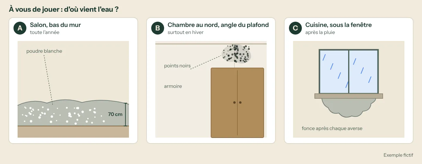 Trois murs d'une même maison avec une tache d'humidité : A en bas du mur avec du salpêtre, B dans un angle du plafond avec des moisissures, C sous un appui de fenêtre (exemple fictif)