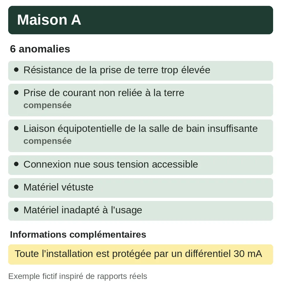 Extrait fictif du diagnostic électrique de la maison A : six anomalies, dont deux compensées, et toute l'installation protégée par un différentiel 30 mA
