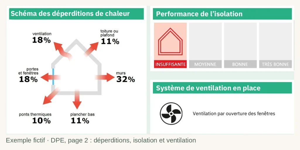Schéma des déperditions de chaleur d'un DPE fictif, murs 32 %, ventilation 18 %, portes et fenêtres 18 %, isolation insuffisante