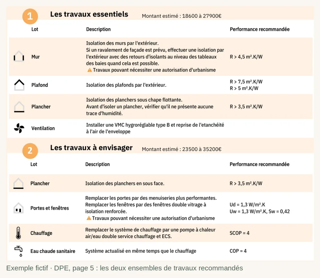 Travaux recommandés d'un DPE fictif, travaux essentiels et travaux à envisager avec leur montant estimé
