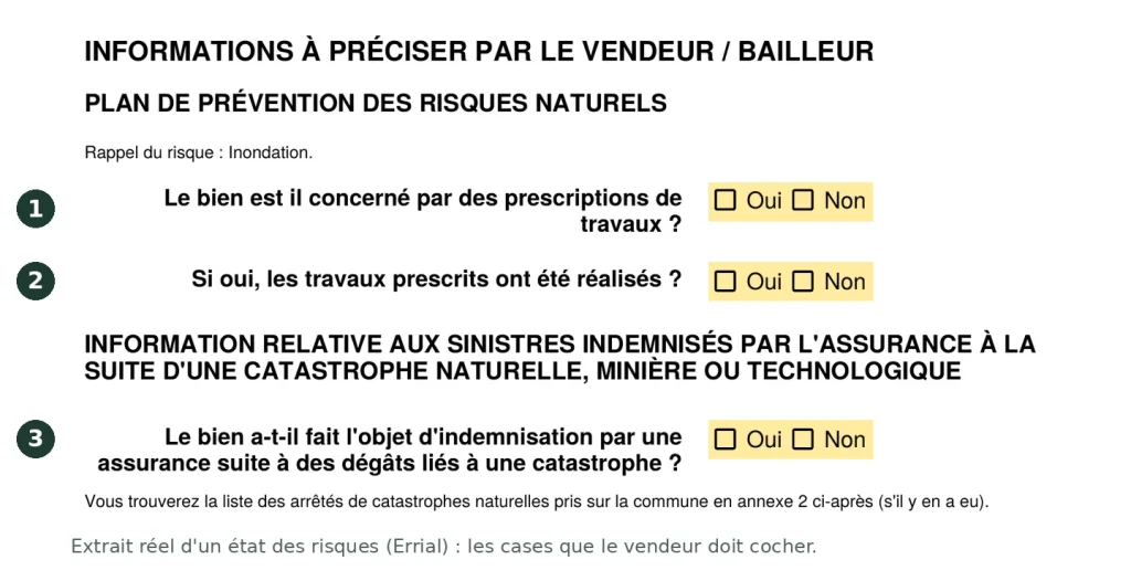 Page d'un état des risques Errial à remplir par le vendeur : prescriptions de travaux du plan de prévention, travaux réalisés ou non, sinistres indemnisés après une catastrophe, cases oui et non encore vides