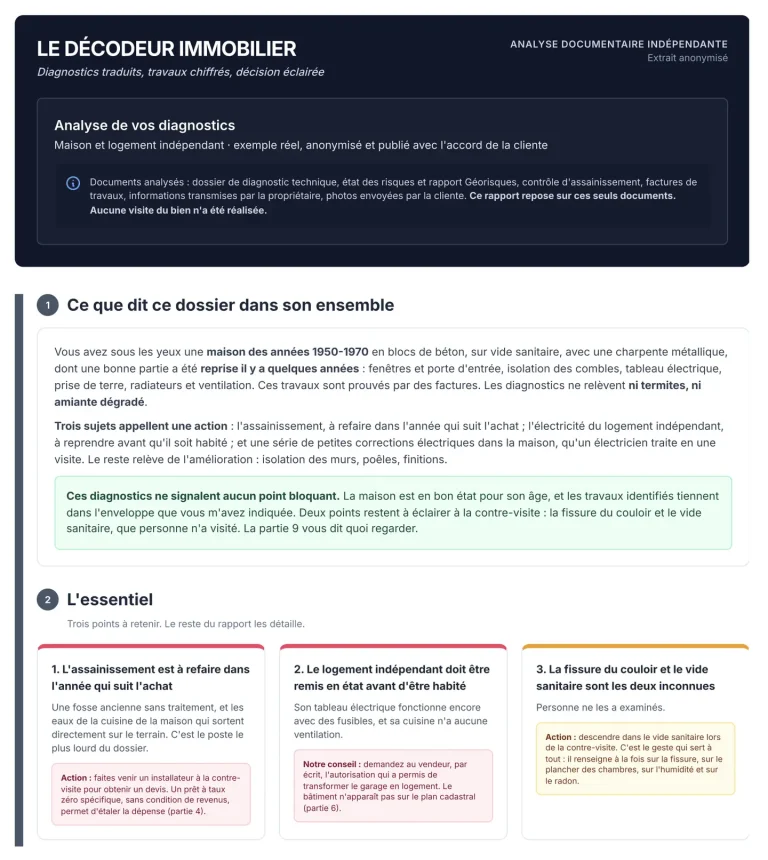 Page de synthèse d’un rapport du Décodeur Immobilier, anonymisée : ce que dit le dossier dans son ensemble, puis les trois points essentiels, assainissement, logement indépendant et vide sanitaire