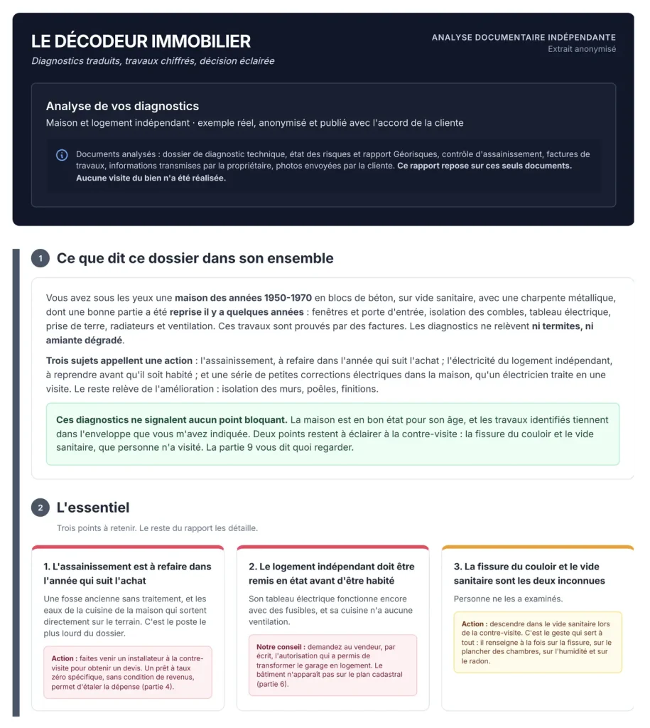 Page de synthèse d’un rapport du Décodeur Immobilier, anonymisée : ce que dit le dossier dans son ensemble, puis les trois points essentiels, assainissement, logement indépendant et vide sanitaire