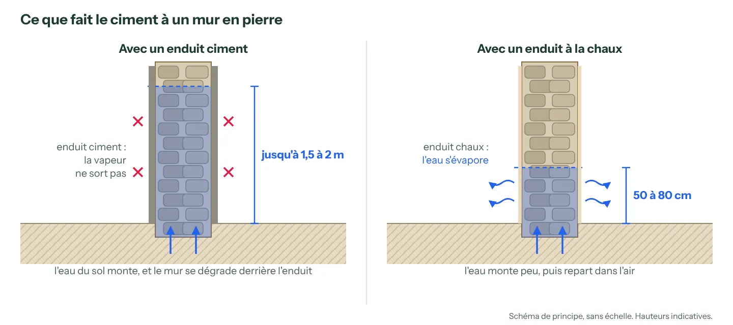 Coupe de deux murs en pierre : sous un enduit ciment, l'eau du sol monte jusqu'à 1,5 à 2 m ; sous un enduit à la chaux, elle s'évapore vers 50 à 80 cm (schéma de principe)